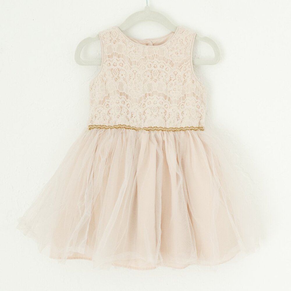 Mia and Mimi Girl's Lace Tulle‎ Dress Peach Gold Trim Party Occasion Size 2T